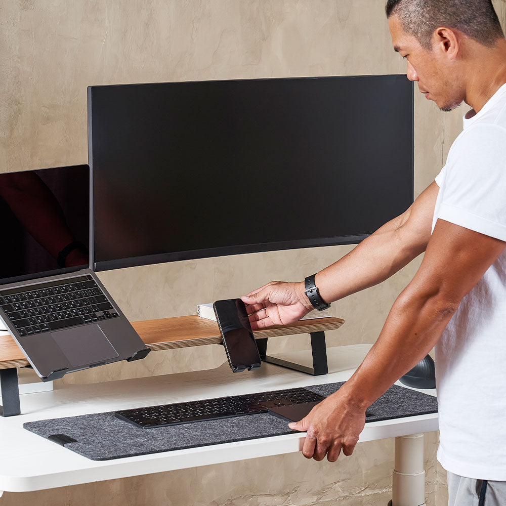 ULTRARM monitor arm and Moodular wooden monitor stand — modular, ergonomic, and designed for VISION ultrawide monitors. Enhances comfort, saves space, and elevates your workspace with precision craftsmanship.